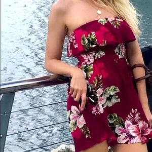 Express Red floral strapless dress